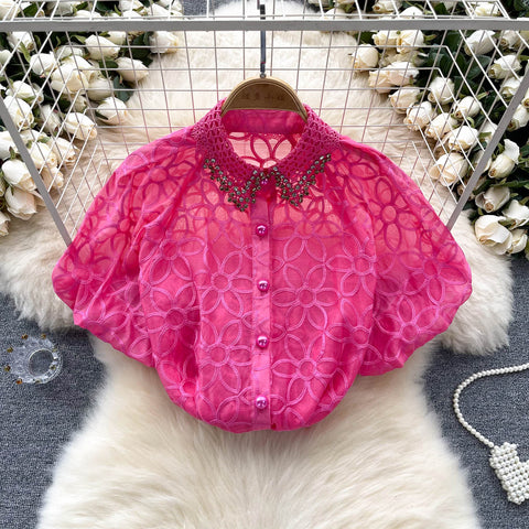 Niche Beaded Hollowed Mesh Blouse
