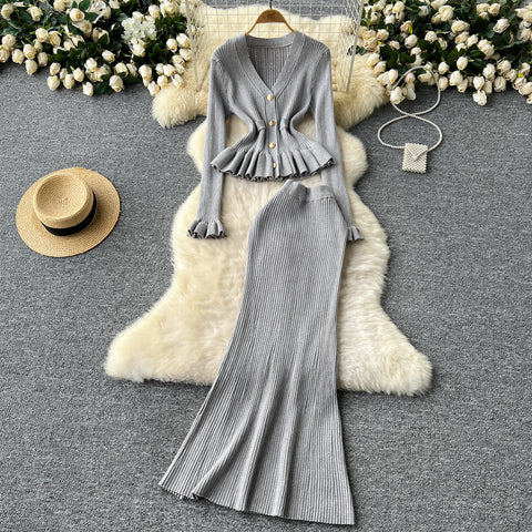 Ruffled Cardigan&Fishtail Skirt 2Pcs