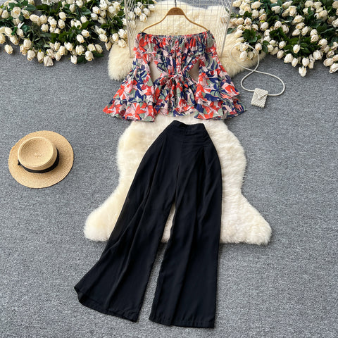 Floral Top&Wide-leg Trousers 2Pcs