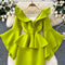 V-neck Grass Green Ruffled Dress