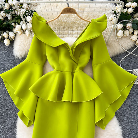 V-neck 3D Ruffled Green Dress