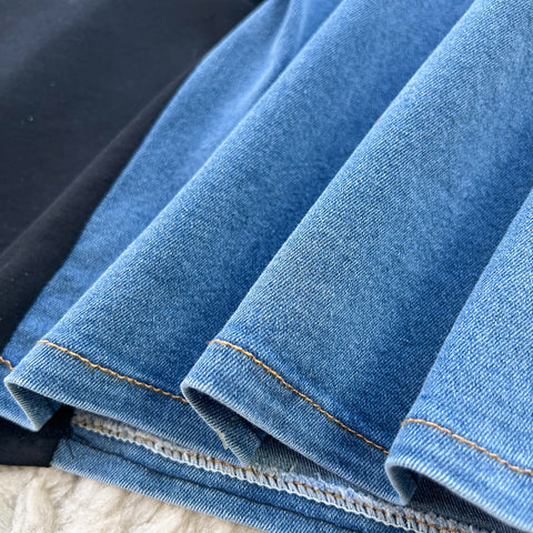 Zipped Denim Patchwork Black Dress