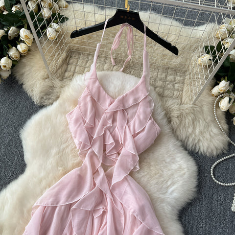 Irregular Design Ruffled Pink Halter Dress