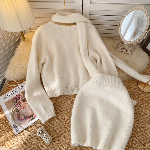 Cardigan&Skirt&Scarf Soft Knitted 3Pcs