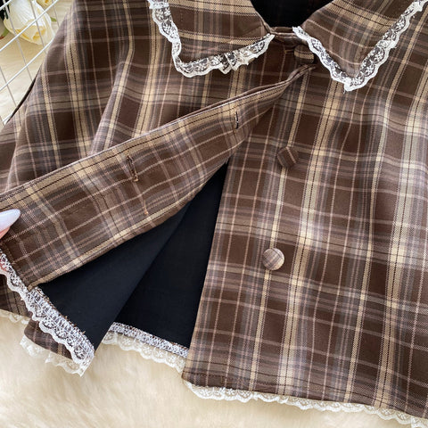 Faux Two-pieces Dress&Cape Plaid 2Pcs