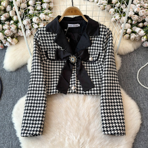 Bow Cardigan&Skirt Houndstooth 2Pcs