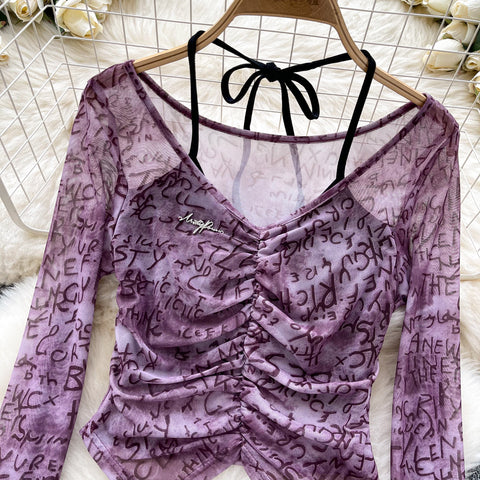 Faux Two-pieces Pleated Printed Top