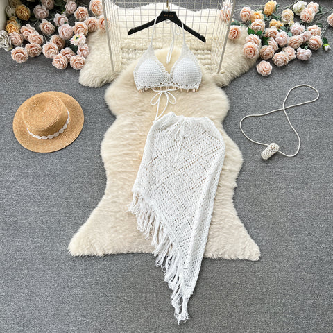 Halter Bikini&Fringed Skirt Knitted 2Pcs