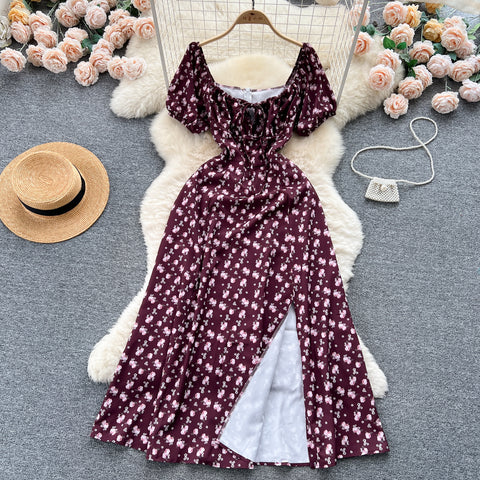 Ruffled Neckline Floral Split Dress