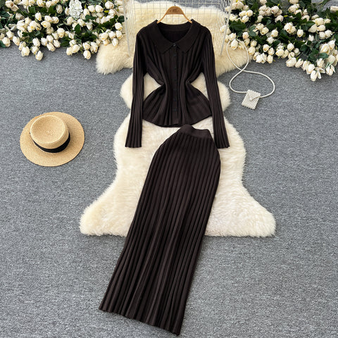 Waist-slimming Knitwear&Skirt Striped 2Pcs