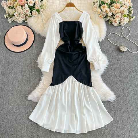 Square Neckline Black&White Fishtail Dress