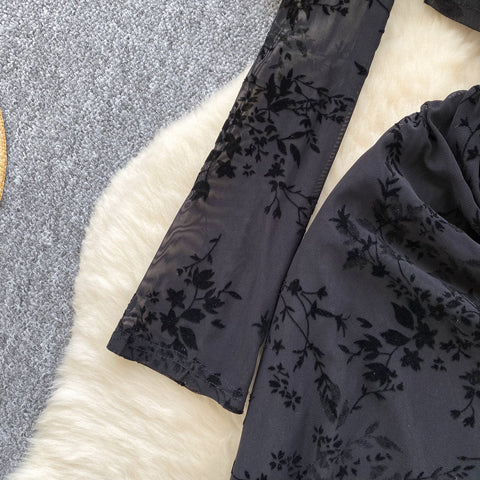 Mesh Cape & Embroidered Black Dress 2Pcs