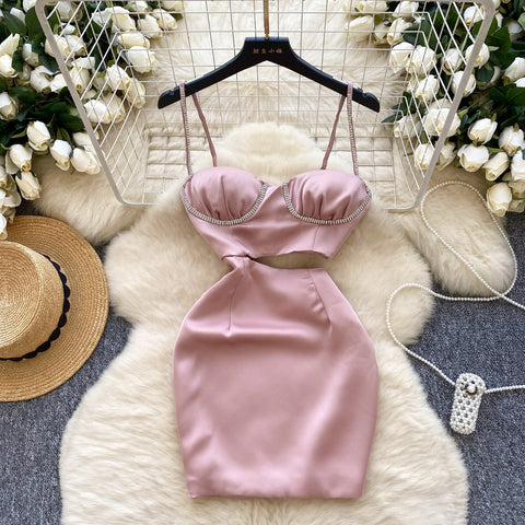 Rhinestone Studded Hollowed Pink Slip Dress