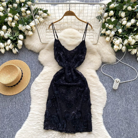 Sequined 3d Floral Slip Dress