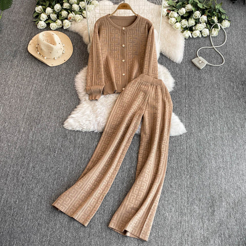 Crochet Cardigan&Wide-leg Trousers 2Pcs