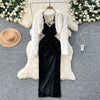 Beaded Velvet Dress&Furry Shawl 2Pcs