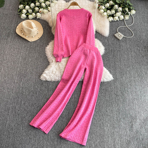 Crochet Cardigan&Wide-leg Trousers 2Pcs