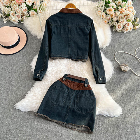 Chic Jacket&Skirt Denim 2Pcs Set
