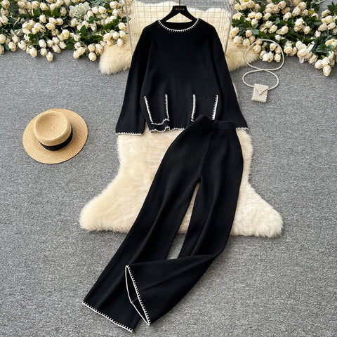 Round-collar Sweater&Trousers 2Pcs
