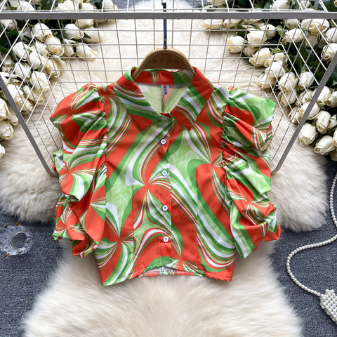 Niche Puffy Sleeve Printed Shirt