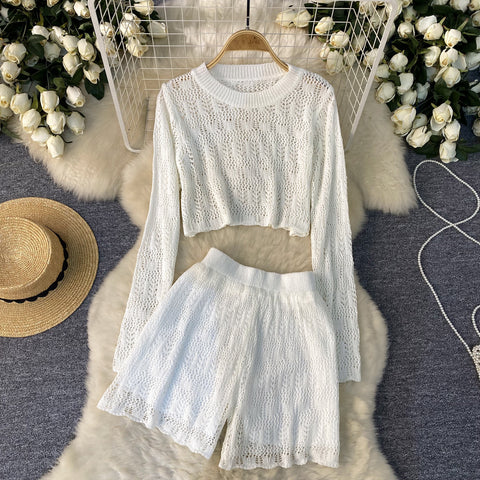 Crew Neck Top&Shorts Knitted 2Pcs