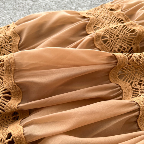 V-neck Shirt&Skirt Lace Patchwork 2Pcs