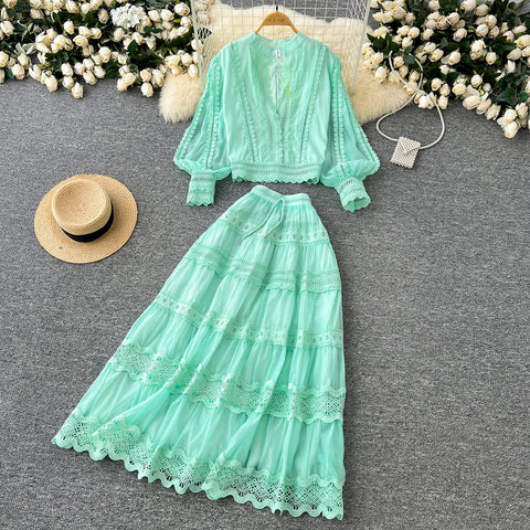 V-neck Shirt&Skirt Lace Patchwork 2Pcs