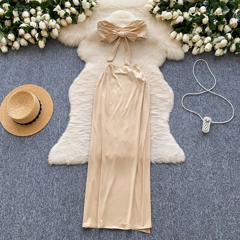 Lace-up Top & High-cut Skirt 2Pcs