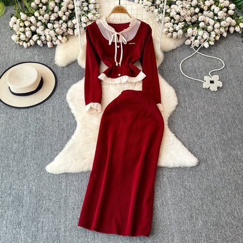 Knitwear&Skirt Lace Patchwork Knitted 2Pcs