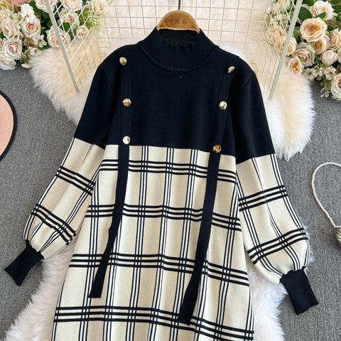 Plaid Knitted Patchwork Drawstring Dress