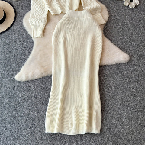 Twisted Neckline Sweater&Skirt 2Pcs