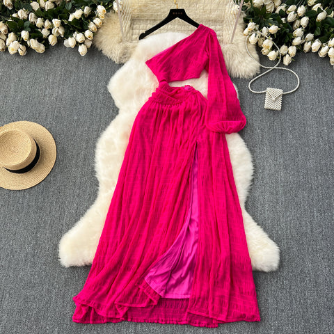 Slant Neckline Hollowed Rose Red Dress