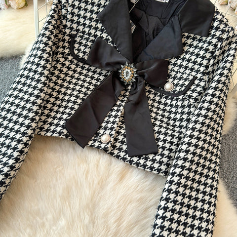 Bow Cardigan&Skirt Houndstooth 2Pcs