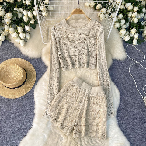 Crew Neck Top&Shorts Knitted 2Pcs