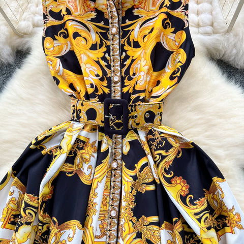 Courtly Sleeveless Lapeled Floral Dress