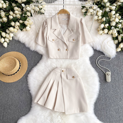 V-neck Blazer&Pleated Skirt 2Pcs