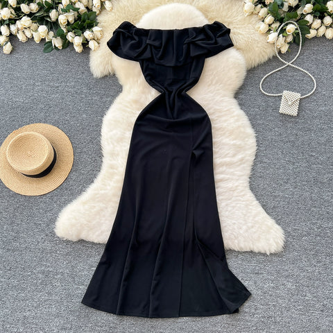 High-end Ruffled Neckline Black Dress