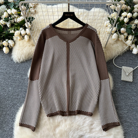 V-neck Sweater&Trousers Striped 2Pcs