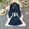 V-neck Shirt&Pleated Skirt Denim 2Pcs