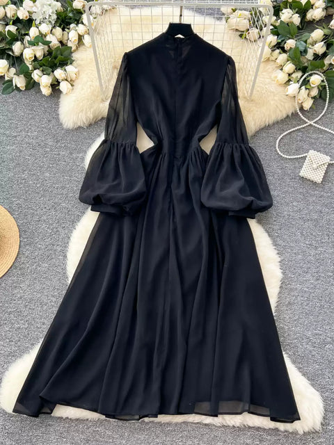 Elegant Metal Button Black Chiffon Dress