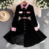 Black Velvet Suit Dress with Pink Belt