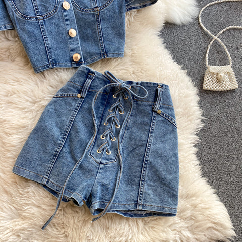 Shirt&Lace-up Shorts Denim 2Pcs