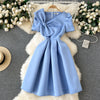 Knotted Bow Pleated Blue Dress