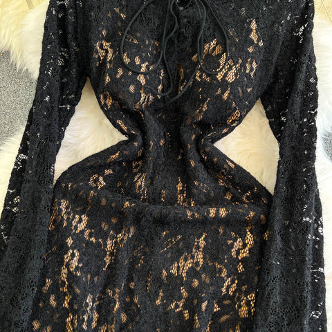 Embroidered Lace Turtleneck Black Dress