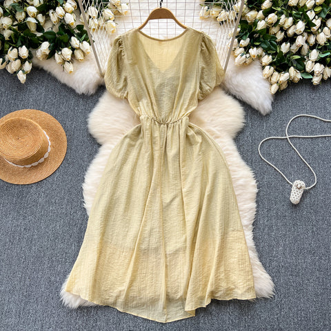 Mori Puffy Sleeve Drawstring Chiffon Dress