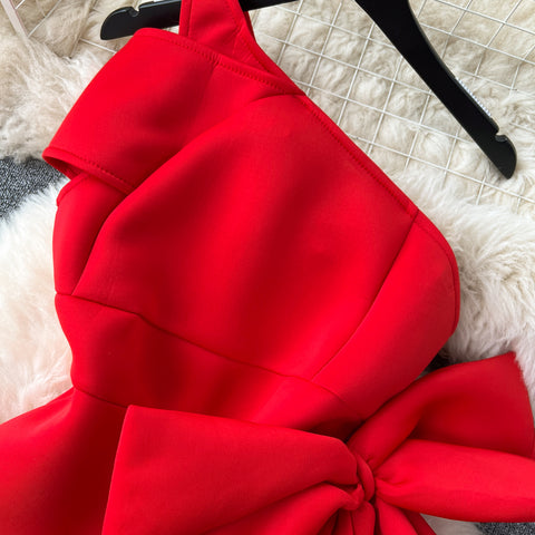 Slant Neckline Large Bow Dress