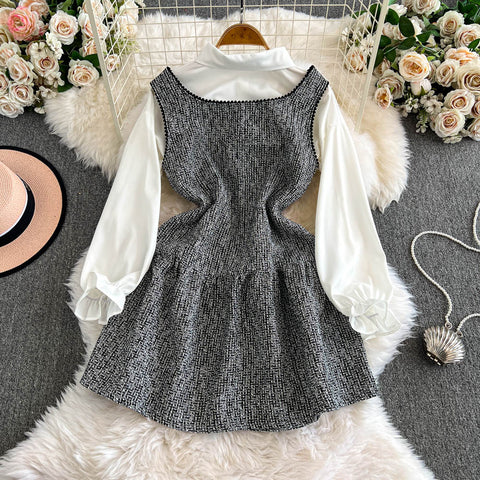 Sequined Tweed Dress&Bottoming Shirt 2Pcs