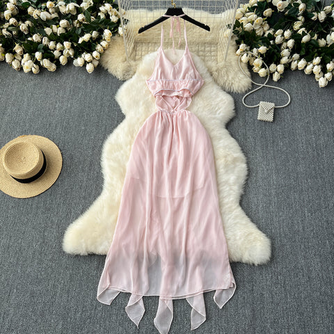 Irregular Design Ruffled Pink Halter Dress