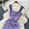 Elegant Ruffled Purple Floral Slip Dress