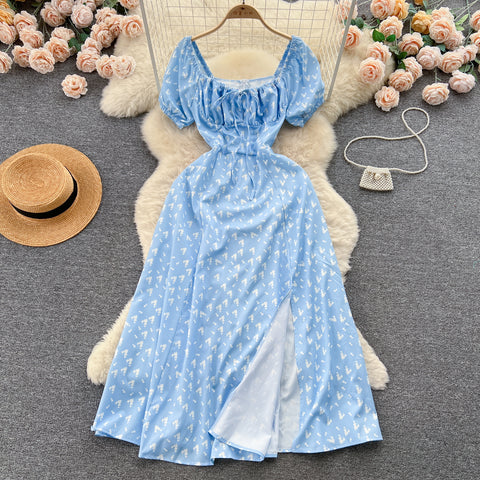 Ruffled Neckline Floral Split Dress
